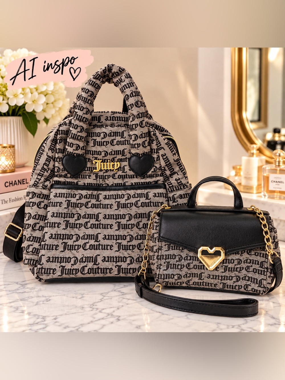 Juicy Couture Black and Tan Logo Backpack with Matching Crossbody